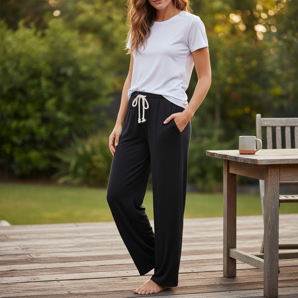 Cozy Earth Bamboo Wide Leg Pajama Lounge Pants Black Modal Sleepwear L Stretch